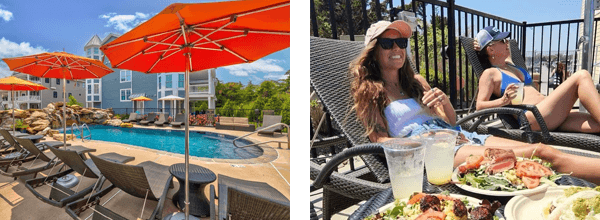 Pool side tables and people enjoying the lounge chairs at Cape May Marina Paddle Club